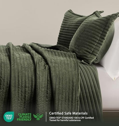 WDCOZY Velvet Queen Size Quilt Set - Olive Green Striped Soft Lightweight Bedspread, Dark Green Neutral Ribbed Farmhouse Country Rustic Coverlet, Modern Bedding Warm Thin Comforter, 3 Pieces