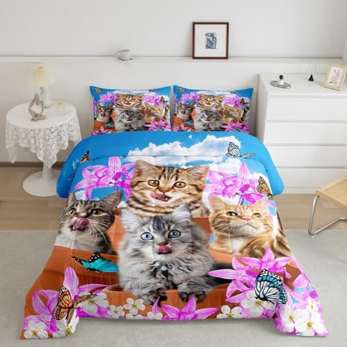 Kids Cute Cat Bedding Set Cartoon Pet Cats Kittens Comforter Set Cat Lovers Animal Themed Comforter for Boys Girls Purple Floral Butterflies Print Down Alternative Comforter Room Decor Toddler Size