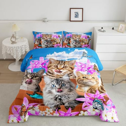 Kids Cute Cat Bedding Set Cartoon Pet Cats Kittens Comforter Set Cat Lovers Animal Themed Comforter for Boys Girls Purple Floral Butterflies Print Down Alternative Comforter Room Decor Toddler Size