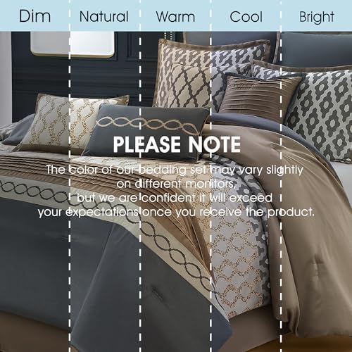 LANCO MODERN LIFESTYLE King Comforter Set, Grey Brown, 12 Piece Room in a Bag All Seasons, Luxury Extreme Comfort Bedding Sets with Curtains, Bedskirt, Shams, Euro Shams and Decor Pillows