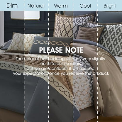 LANCO MODERN LIFESTYLE King Comforter Set, Grey Brown, 12 Piece Room in a Bag All Seasons, Luxury Extreme Comfort Bedding Sets with Curtains, Bedskirt, Shams, Euro Shams and Decor Pillows