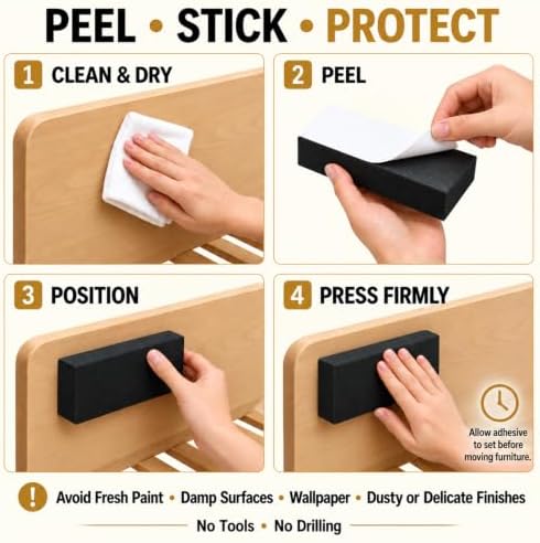 LveSunny 24Pcs Extra Large Headboard Stoppers for Wall, 4 x 2 Inch EVA Foam Furniture Wall Protectors, 8Pcs 1 Inch Thick + 16Pcs 0.2 Inch Thick Bed Frame Noise Stoppers, Couch Wall Spacers, Black