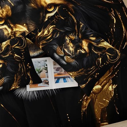 Black & Gold Queen Comforter Set Lion，Animal Print Queen Size Bedding，with 1 Comforter with 2 Pillow Case，Lion Themed Bedroom Decor for Boy Kids