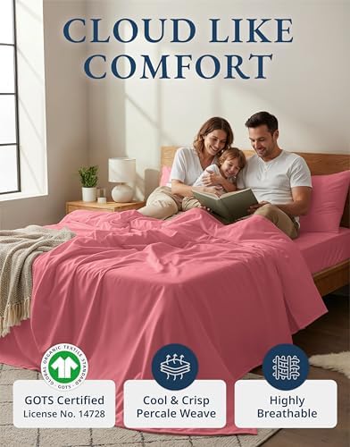 LANE LINEN Queen Sheets 100% Organic Cotton Percale Cooling - Mineral Red