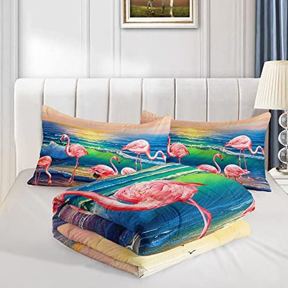 HOSIMA Flamingos Comforter Queen Size,Pink Wild Flamingo Bedding Tropical Beach Room Decor,Seaside Home Decor Hawaiian Vacation Style Bedding for Girls Kids with 2 Pillow Cases.