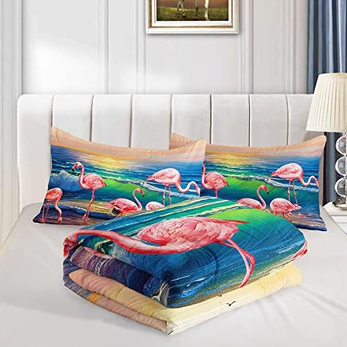 HOSIMA Flamingos Comforter,Pink Wild Flamingo Bedding Tropical Beach Room Decor,Seaside Home Decor Twin Comforter Set with 2 Pillow Cases,Hawaiian Vacation Style Bedding for Girls Women Kids.