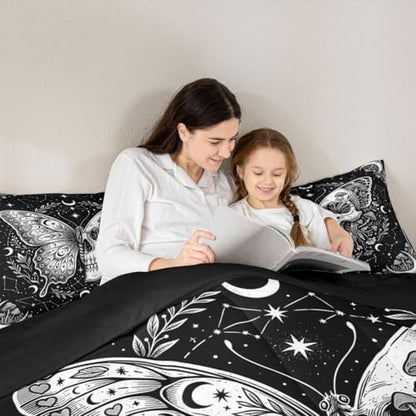 Butterfly Skull Bedding Set King,White Wild Mushroom Plant Skeleton Comforter Set with 2 Pillowcases,Floral Starry Moon Bed Quilt,Gothic Aesthetic Quilt Sets Home Decor,Women Men Birthday Gift