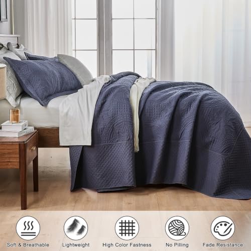 Qucover King Bedspread Medallion Quilt Bedding Set 3 Piece Navy Blue