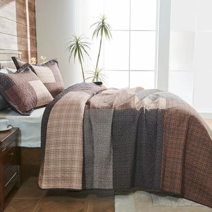 Finlonte 100% Cotton Queen Quilt Set, Farmhouse Plaid Queen Quilted Bedspread, Brown Lightweight Reversible Comforter Bedding Set for All Season, 3-Piece