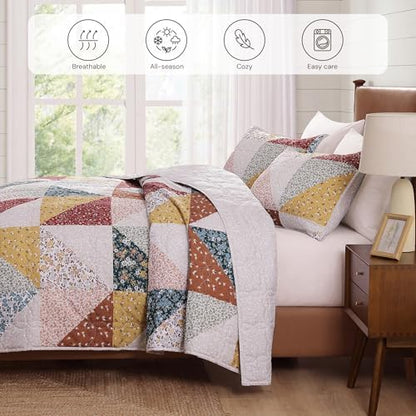 Oversized Queen Quilt Set-3 Pieces Soft Bedding Floral Patchwork Coverlet