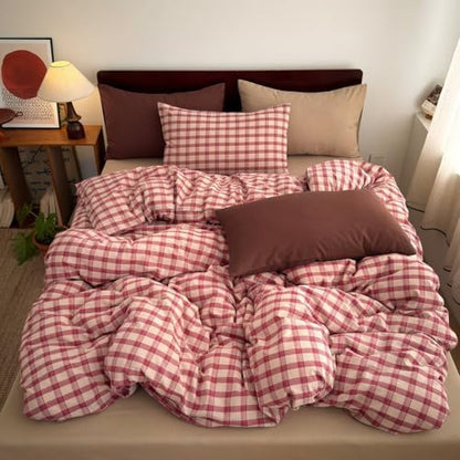 Mucalis Red Gingham Plaid Duvet Cover Queen Washed Cotton 3-Piece Beige Checkered Bedding Set Full Zipper Closure,Soft Breathable Grid Patterned Comforter Cover (1 Duvet Cover+2 Pillowcases)