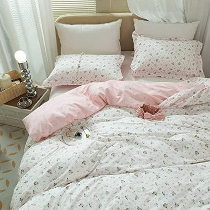 Floral Girls Duvet Cover Full Size 100% Cotton Pink Floral Duvet Cover Chic Garden Style Botanical Flower Bedding Set Lightweight Soft Aesthetic Floral Comforter Cover with 2 Pillowcases, No Comforter