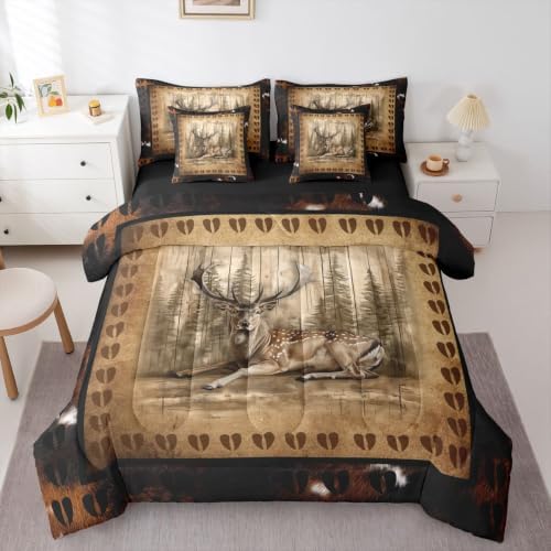 Erosebridal Elk Deer Bedding Set King Rustic Deer Paw Comforter Set 7 Piece Vintage Farmhouse Cabin Bed in A Bag for Adults Country Lodge Wildlife Quilt with Flat Fitted Sheet