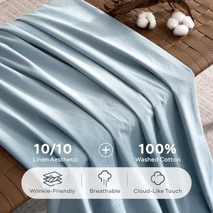 JELLYMONI 100% Washed Cotton Baby Blue Duvet Cover Full, Linen-Like