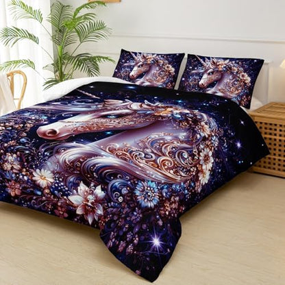 Black Unicorn Comforter Set Queen Size，Unicorn Floral Queen Bedding Set for Girls，with 1 Comforter with 2 Pillow Case
