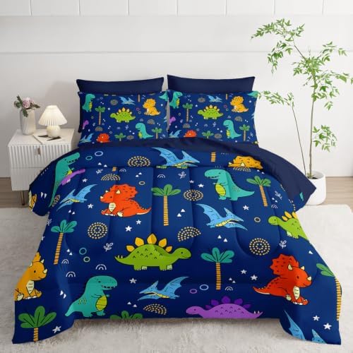 HOSIMA Colorful Cartoon Dinosaur Bed in a Bag 7 Pieces Twin for Kids.