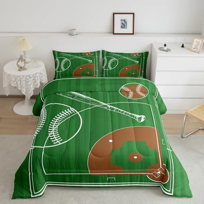Erosebridal Kids Baseball King Comforter Set for Boys Girls Sport Bedding Set, Geometric Reversible Bedding Comforter Sets Green Brown Duvet Set, Ball Gaming Quilted Comforter, Microfiber