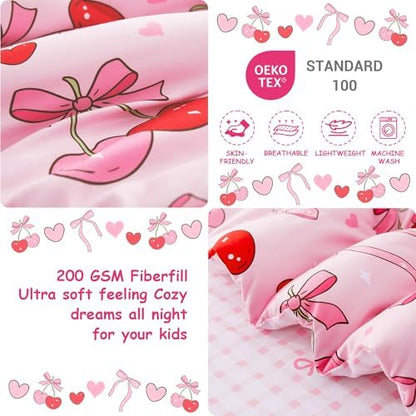 Mooreeke Toddler Bedding Sets for Girls,4 Pieces Pink Cherry Bow Printed