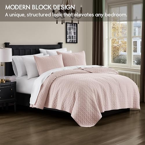 palassio Pink 100% Cotton Quilt King Size Bedding Sets with 2 Pillow Shams, Textured Lightweight Soft Bedspread Shabby Chic Coverlet, Quilted Comforter Bed Cover for All Season, 3 Pieces