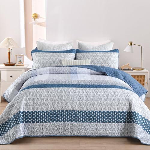 WONGS BEDDING Blue Queen Size Quilt Set, 3-Piece Boho Stripe Bedspread