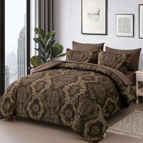 WONGS BEDDING Damask Comforter Set King Size, Coffee Gold Texture Design 7 Pcs Bed in a Bag Microfiber Comforter Bedding Sets -1 Comforter, 1 Flat Sheet, 1 Fitted Sheet, 2 Pillow Shams,2 Pillowcases