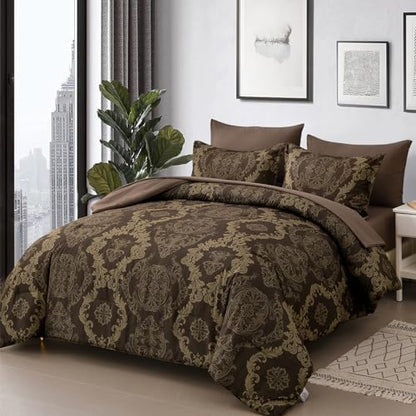 WONGS BEDDING Damask Comforter Set King Size, Coffee Gold Texture Design 7 Pcs Bed in a Bag Microfiber Comforter Bedding Sets -1 Comforter, 1 Flat Sheet, 1 Fitted Sheet, 2 Pillow Shams,2 Pillowcases