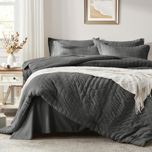 King Size Comforter Set 7 Piece, Dark Grey Bed in a Bag King Bedding Sets