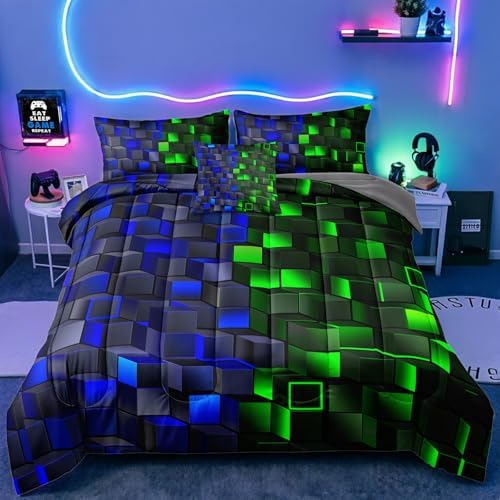6 Piece 3D Block Comforter Set Twin Size for Boys Kids Room Vibrant Red Green Gaming Block Bedding Set Bed in a Bag for Boys Girls Kids Teens Bedroom Decorative Twin12