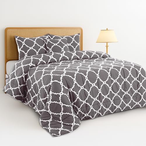 LUX Décor Reversible 5pc Queen Comforter Set, Printed Bedding Set, All-in-One Bed in a Bag, Includes 1 Comforter, 2 Pillow Shams, 1 Decorative Pillow & 1 Bed Skirt (Quatrefoil Grey,Queen)