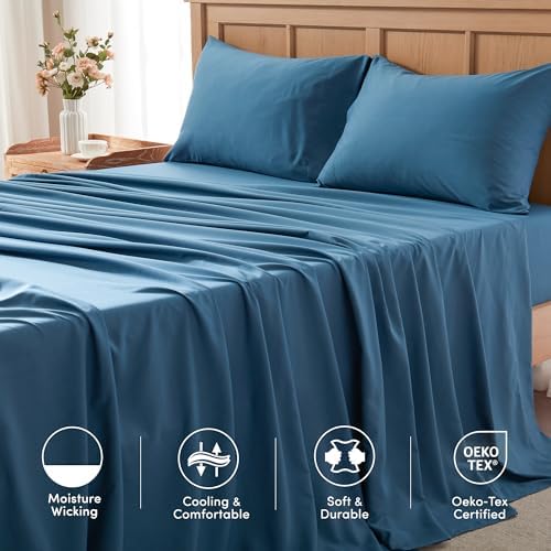 Comfort Spaces Coolmax Moisture Wicking Sheet Set Soft, Fade Resistant, All Elastic Deep Pocket Fits Up to 16" Mattress - Warm Weather Cooling Sheets for Night Sweats, Twin, Teal, 3 Piece