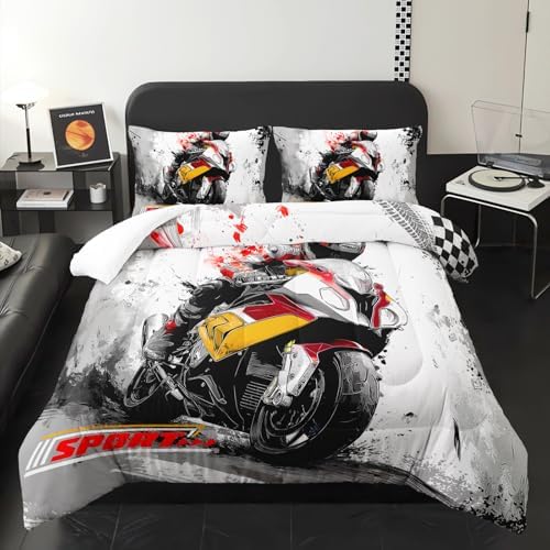 Motorcycle Race Comforter Set King Size for Boys，Kids Sports Themed King Size Bedding Set，Sport Quilt for Boys，with 1 Comforter with 2 Pillow Case