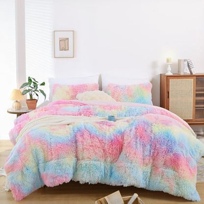 Smoofy Fluffy Twin Comforter Set, Rainbow Faux Fur Comforter Set 2 Pieces