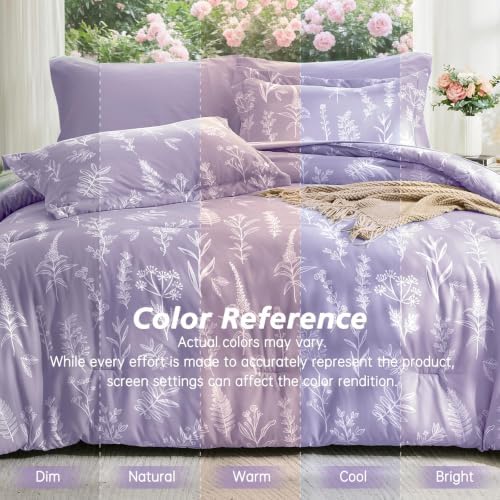 MUXHOMO Lavender Cal King Comforter Set, Elegant Floral Print Bed in a Bag 7 Pieces, Ultra Soft & Breathable Reversible Botanical Pattern Bedding Set with Comforter, Sheets, Pillowcases, and Shams