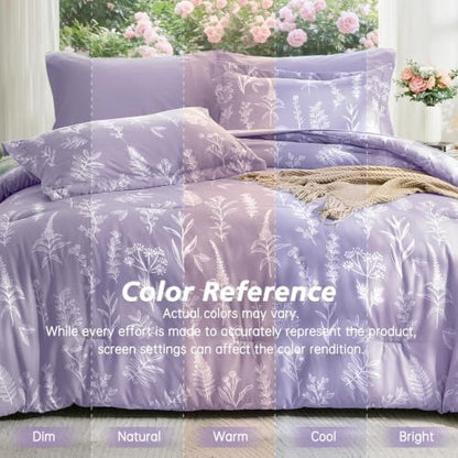 MUXHOMO Lavender Cal King Comforter Set, Elegant Floral Print Bed in a Bag 7 Pieces, Ultra Soft & Breathable Reversible Botanical Pattern Bedding Set with Comforter, Sheets, Pillowcases, and Shams