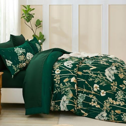 Yiran 7 Piece Comforter Set King Size, Dark Green Dandelion Floral Bedding Set, Botanical Bed in a Bag King, Soft Microfiber Complete Bedding Set with Comforter, Sheets, Pillowcases & Shams