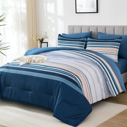 Dobuyly Blue King Size Comforter Set 7 Pieces, Boho Striped Bed in a Bag Soft Microfiber All Season Bedding Set with Comforter, Sheets, Pillowcases & Shams