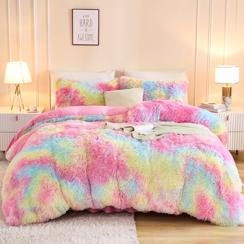 Andency Tie-Dyed Rainbow King Size Comforter Set, Fluffy Faux Fur Bed Set