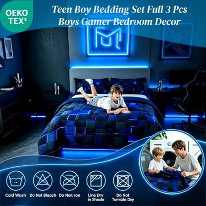 Erosebridal Black Navy Royal Blue Comforter Set Full Neon Geometric Checkered Bedding Set for Teen Boys Gamer Room Decor,Abstract Stereoscopic Grids Quilt Square Plaid Check Bed Set 3 Pcs