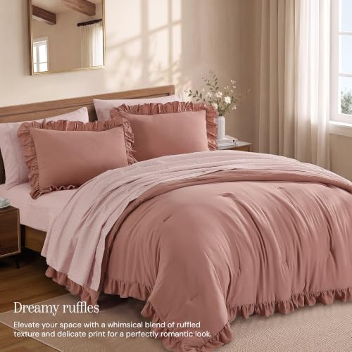 BLOOMHAVEN Queen Comforter Set-7 Pieces Ruffle Bedding with Floral Sheet
