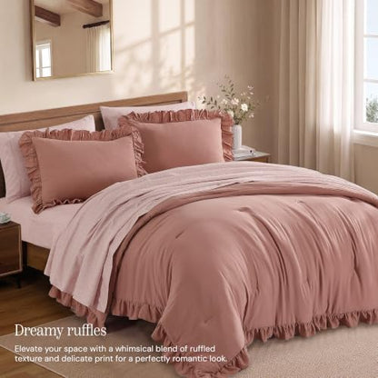 BLOOMHAVEN Queen Comforter Set-7 Pieces Ruffle Bedding with Floral Sheet