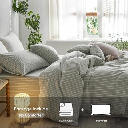 MooMee Striped Duvet Cover Set 100% Washed Cotton Linen Like Twin