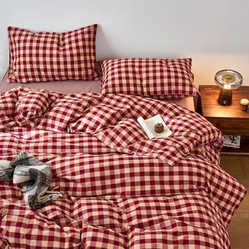 LifeTB Red Gingham Duvet Cover King Size, 100% Washed Cotton Vintage Plaid Checkered Comforter Cover, 3 Piece Farmhouse Grid Plaid Duvet Cover, Breathable Soft Chic Gingham Bedding Set King