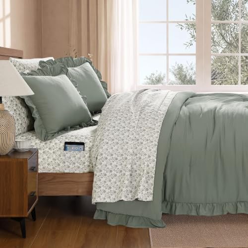 BLOOMHAVEN Full Size Comforter Sets-7 Pieces Ruffle Bedding Floral Sheet