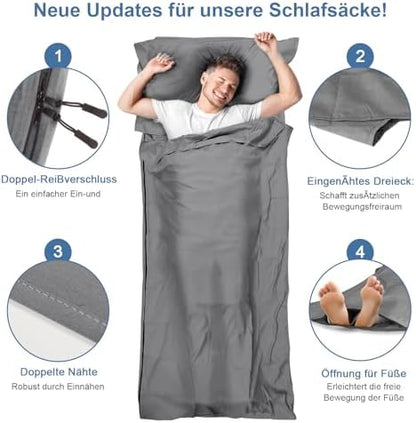 Sleeping Bag Liner, Updated Adult Sleep Sack & Travel Sheets with Foot Zipper, Lightweight and Portable Camping Sleeping Bag Liners - Ideal for Backpacking, Hostels and Camping