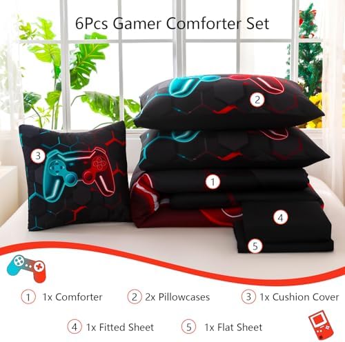 Gamer Twin Boys Comforter Set 6-Piece Teal and Red Gaming Bedding Set 3D Video Games Bed in A Bag with Comforter and Sheets Game Console Printed Kids Bedroom Sets (Teal Red, Twin)