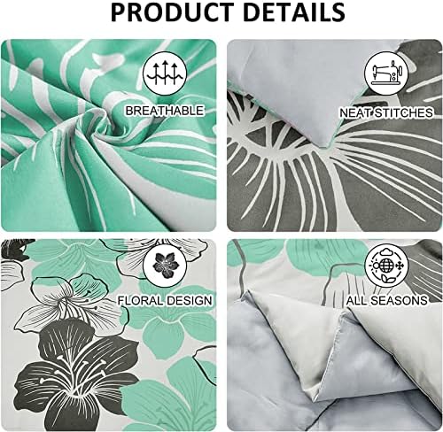 Luxudecor Floral Comforter Set Queen, 7 Pieces Aqua Green Bedding Set