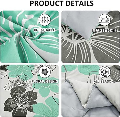 Luxudecor Floral Comforter Set Queen, 7 Pieces Aqua Green Bedding Set