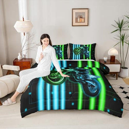 Feelyou Dirt Bike Kids Bedding Set,Boys Girls Toddler Size,Racing Motocross Rider Comforter Set,Extreme Sports Ultra Soft Duvet Quilt,3D Pattern Comforter Colorful Modern Bedroom Decor