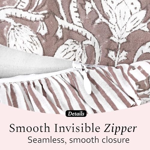 CPC Block Print Mocha Regal Ruffle Cotton Lumbar Pillow Cover 12x20 inch