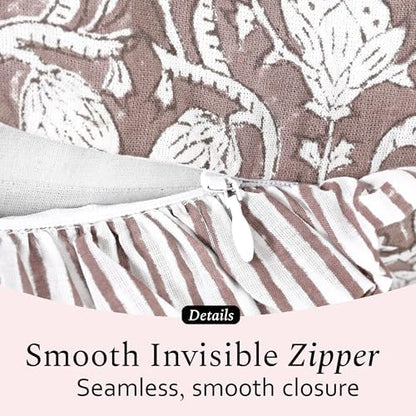 CPC Block Print Mocha Regal Ruffle Cotton Lumbar Pillow Cover 12x20 inch
